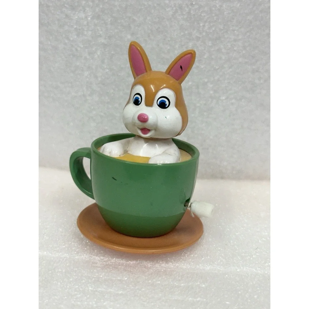 Vtg BUNNY RABBIT IN A CUP Wind-Up‎ Walking Toy Working Twirls & Slides China AZS
